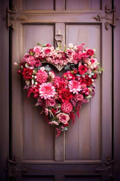 Elegante bloemige hartkrans op vintage paarse deur