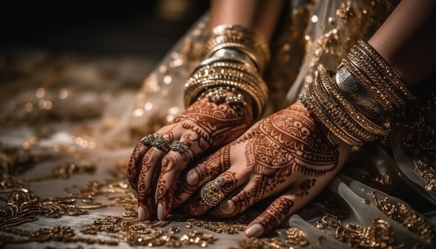 Elegante bruid met gouden sieraden en henna-tatoeage gegenereerd door AI