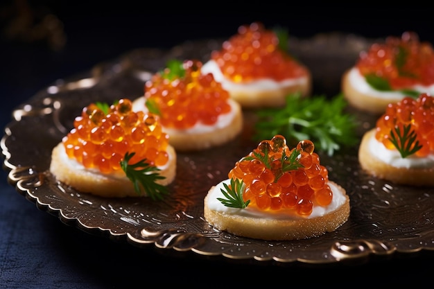 Elegante canapes versierd met levendige rode kaviaar