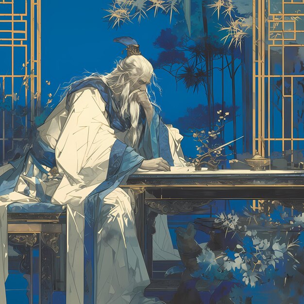 Elegante Chinese geleerde in studie blauwe atmosfeer