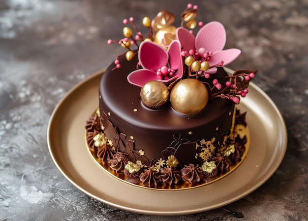 Elegante chocoladekoek versierd met gouden en roze accenten