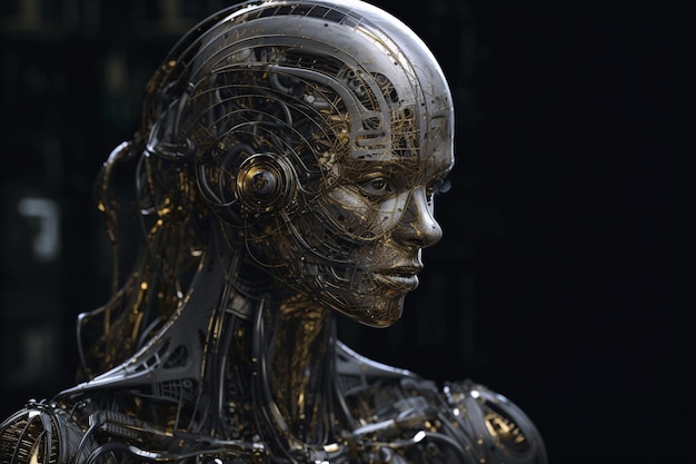 Elegante cyborg-robotsculptuur op zwarte achtergrond in professionele studio-instelling Generatieve AI