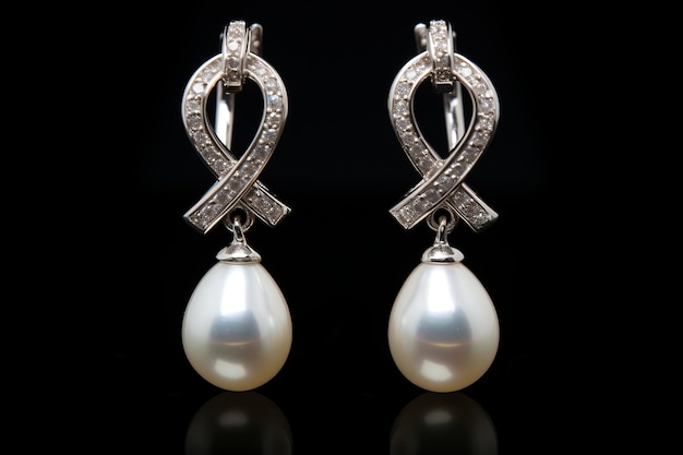 Elegante diamant- en parel oorbellen op een witte of heldere oppervlakte PNG Transparante achtergrond