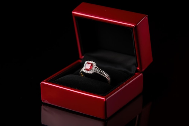 elegante diamanten trouwring in een doosje met een rood thema