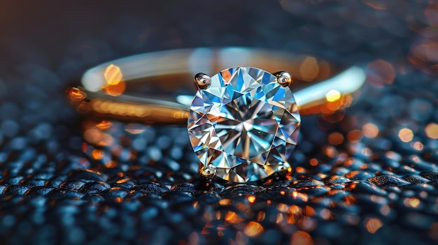 Elegante diamanten verlovingsring op een donker reflectief oppervlak