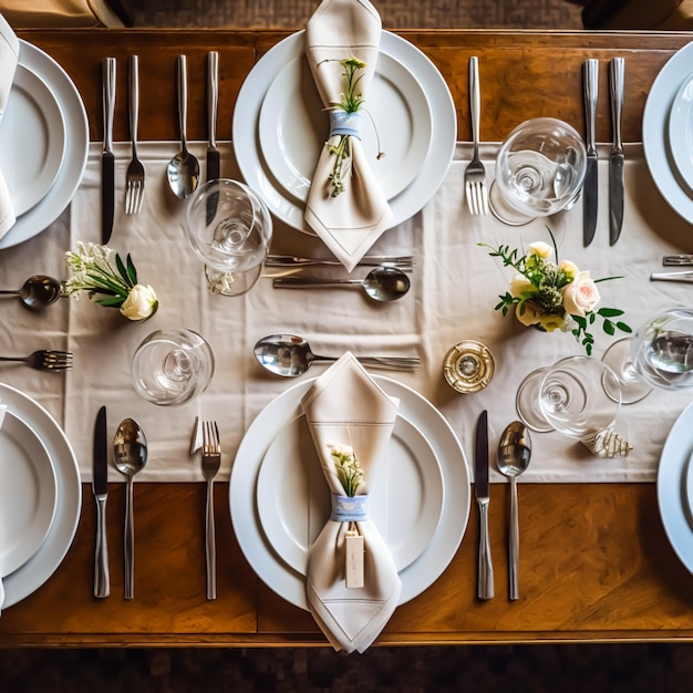 Elegante eettafel in Engelse landelijke stijl als flatlay tablescape gevouwen servet op een serveerschaal servies en vakantie tafel decor generatieve ai