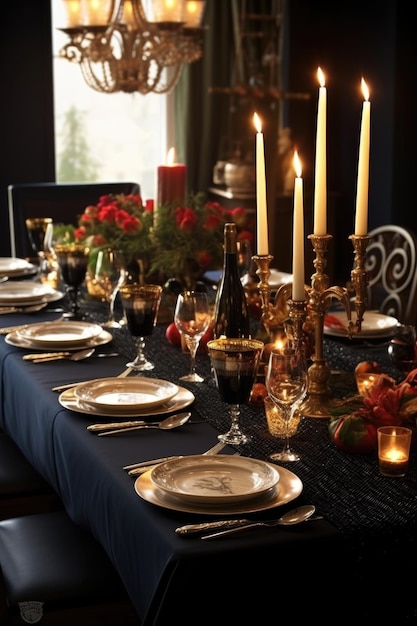 Elegante eettafel set voor een feestelijk diner gemaakt met generatieve ai