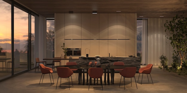 Elegante en luxe open keuken en eetkamer met nachtverlichting, marmeren eiland, stenen vloer, houten plafond. ramen met uitzicht op de zonsondergang. 3d render illustratie licht interieur appartement.