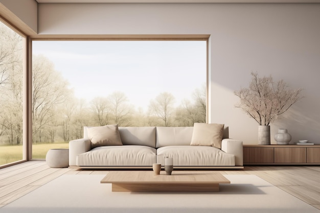 Foto elegante en luxe woonkamer met moderne stijl met een grote beige bank grote ramen