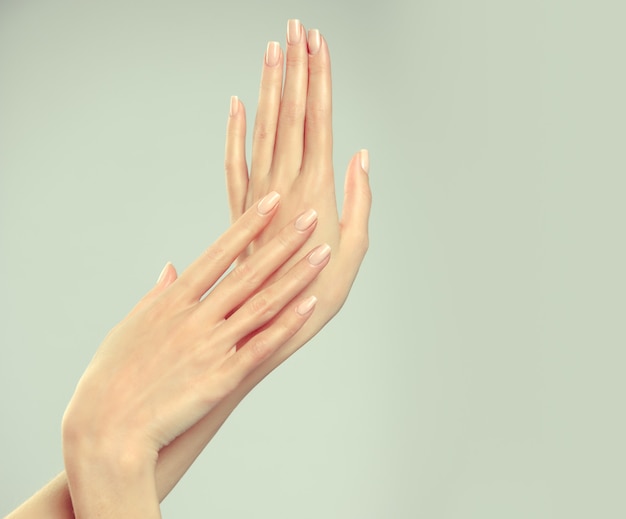 Elegante en sierlijke handen met slanke vingers raken elkaar Crème voor handen en manicure