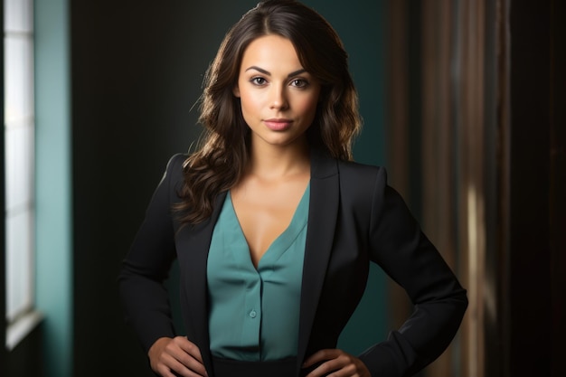 Elegante en zelfverzekerde zakenvrouw poseert in een turquoise zijden blouse en zwart vest