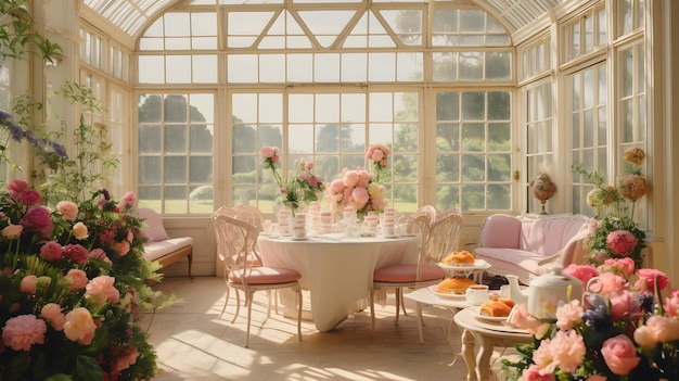 Elegante Engelse theepauze in het glazen huis is volledig gevuld met pastelbloemen