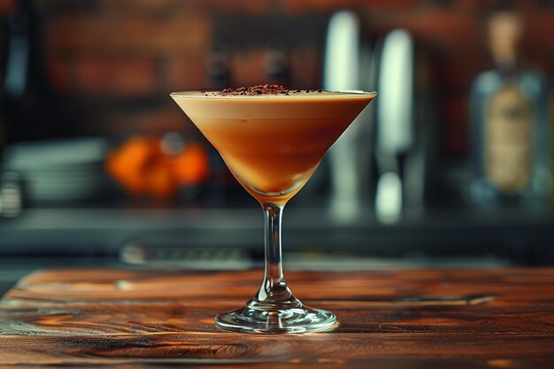 Foto elegante espresso martini met chocolade stof op een houten toonbank