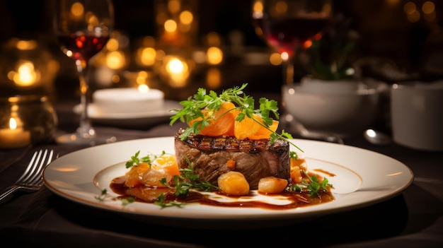 Elegante, fijne eettafel met een speciaal gerecht van de chef.