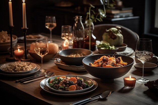 Elegante, fijne eettafel vol met gourmet eten en wijn.