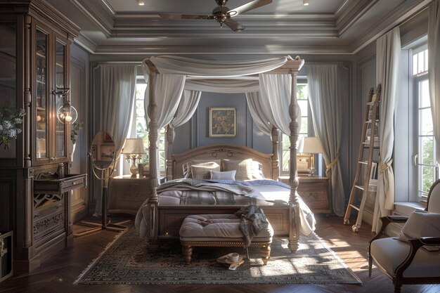 Elegante Franse slaapkamer met bed met luifel.