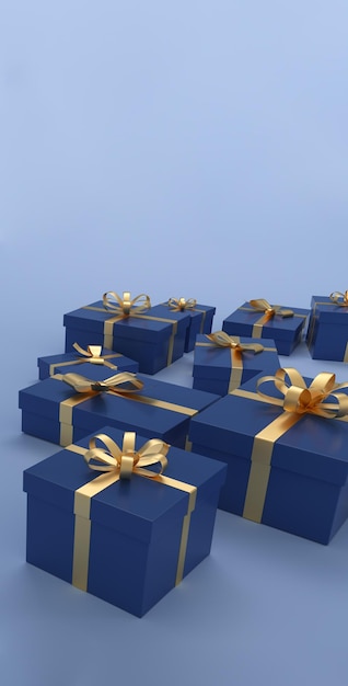 Elegante geschenkdozen met gouden lint en strikken op een blauwe achtergrond Nieuwjaarsconcept
