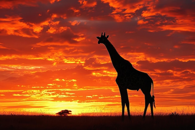 Elegante giraffe silhouette tegen een levendige zonsondergang Een majestueuze giraffe staande hoog zijn sierlijke silhouette omschreven tegen de achtergrond van een adembenemende zonsondergang