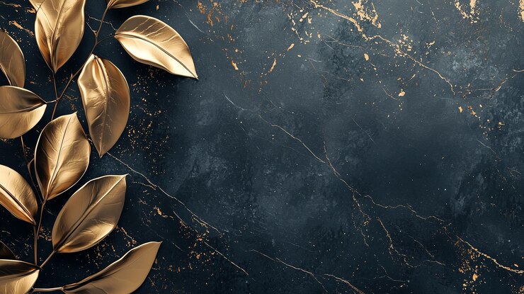 Foto elegante gouden bladeren op donkere marmeren achtergrond met luxe accenten