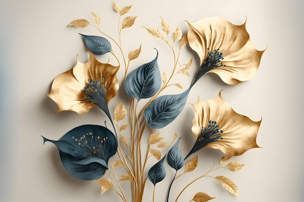 Elegante gouden en blauwe bloemen en takken op lichte achtergrond. Vintage bloemendecor voor ansichtkaart.