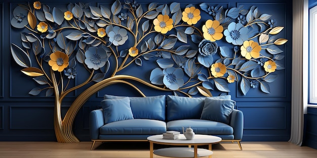 Foto elegante gouden en koninklijke blauwe bloemenboom met naadloos ontwerp