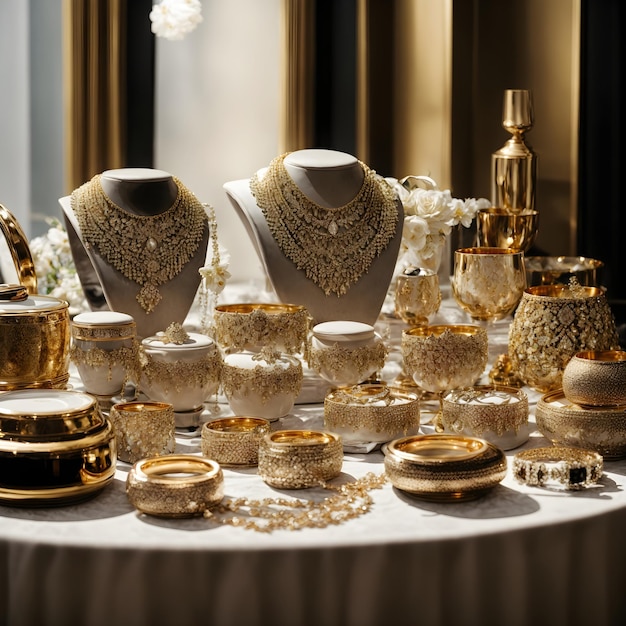 Elegante gouden sieradendisplay op een tafel