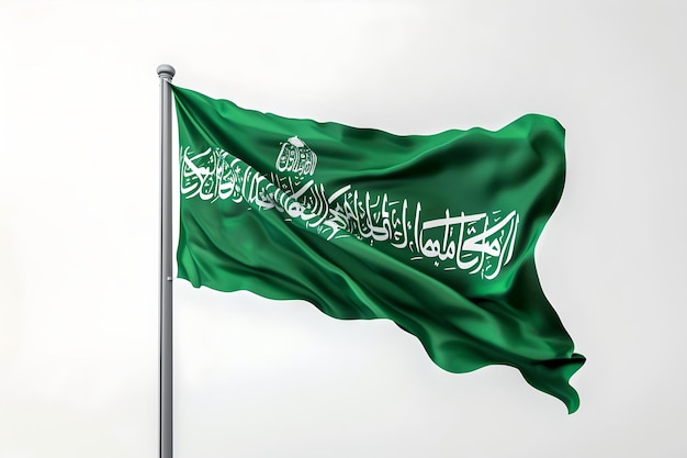 Elegante groene vlag die zwaait tegen een neutrale achtergrond met ingewikkeld Arabisch schrift en embleem AI