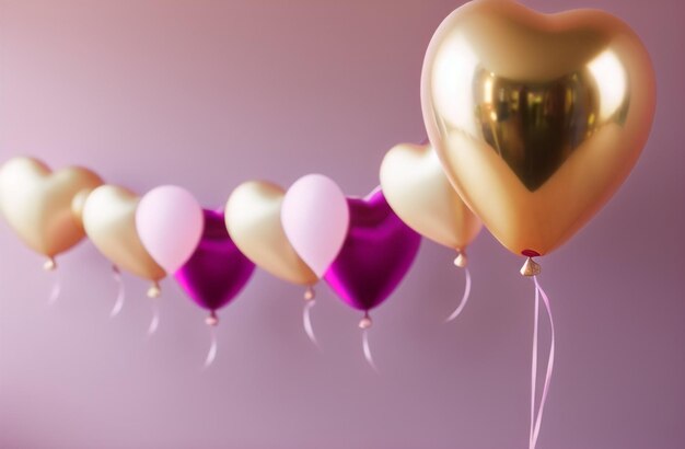 Elegante Hart Ballonnen Partij Achtergrond Pastel en Goud Gelukkige Valentijnsdag Romantische achtergrond Verjaardagsfeest Viering Generatieve AI