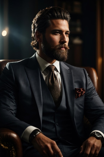 Elegante heer in een maatpak met baard en verlicht gezicht zittend in een fauteuil