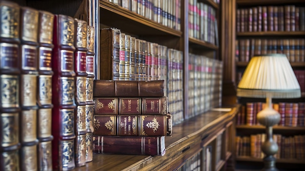 elegante houten bibliotheek met klassieke leren boeken en antieke lampen