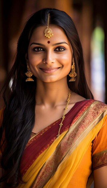 Elegante Indiase vrouw in sari en sieraden poseren op geïsoleerde achtergrond gegenereerd door AI