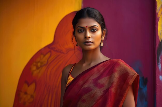 Elegante Indiase vrouw in traditionele rode en oranje doek