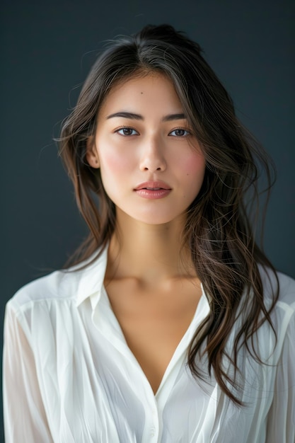 Elegante jonge Aziatische vrouw met natuurlijke schoonheid en minimale make-up in een casual witte blouse die poseert.