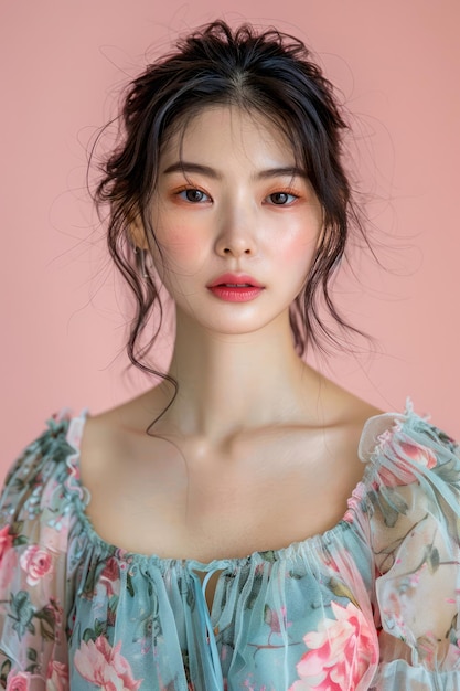 Elegante jonge vrouw die poseert in een bloemenjurk op een pastelroze achtergrond Modieuze Aziatische vrouw