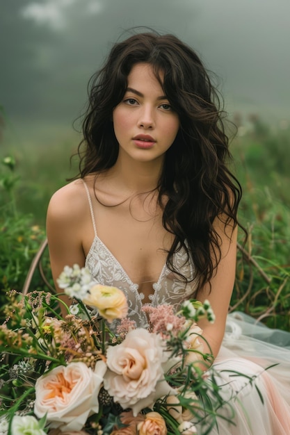 Elegante jonge vrouw in een delicate kant jurk met een boeket in Misty Meadow
