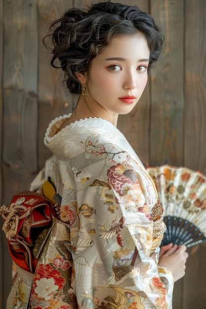 Elegante jonge vrouw in traditionele Japanse kimono met een waaier met een mooi kapsel op hout