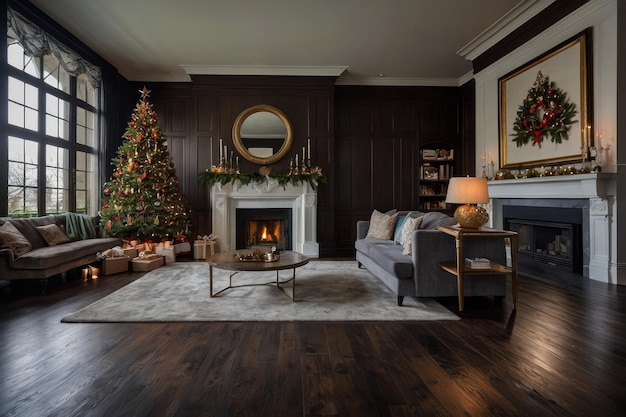 Elegante kerst woonkamer met open haard.