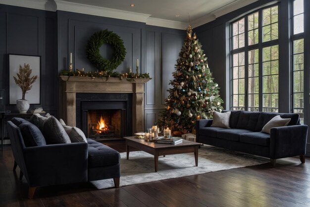 Elegante kerst woonkamer met open haard.