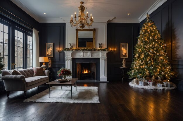 Elegante kerst woonkamer met open haard.