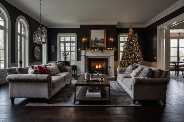 Elegante kerst woonkamer met open haard.