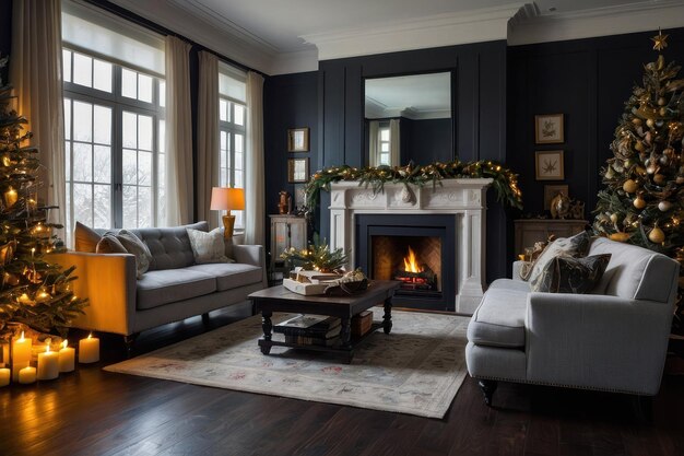 Elegante kerst woonkamer met open haard.