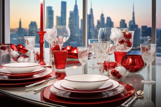 Elegante kerstdiner tafel met elegante kaarsen en borden Gemerative AI