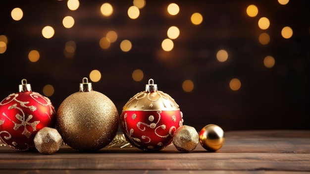 Elegante kersttradities Vintage rode en gouden kerstversieringen creëren een feestelijke sfeer op een donkere houten tafel die de essentie van het seizoen vasthoudt