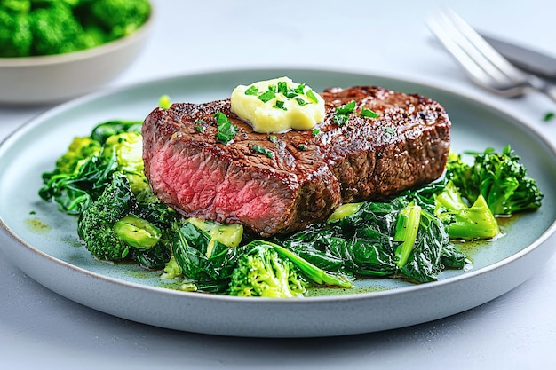 Elegante keto vriendelijke rundvlees steak met gebotterde groenten lage koolhydraat presentatie en moderne styling