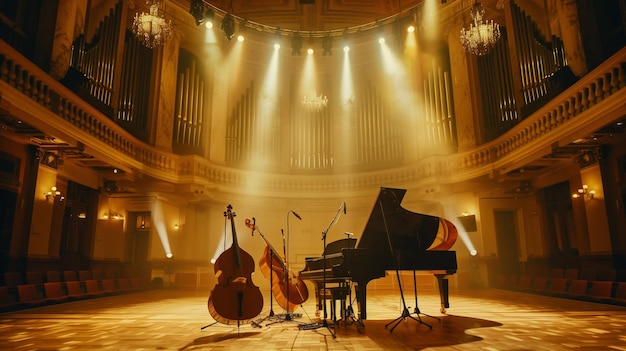 Foto elegante klassieke muziekzaal met piano en snaarinstrumenten onder schijnwerpers