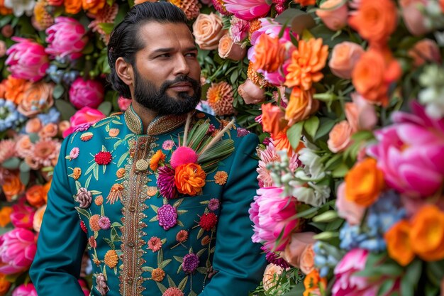 Elegante man in traditionele kleding poseert tegen een levendige bloemenmuur achtergrond veelkleurig