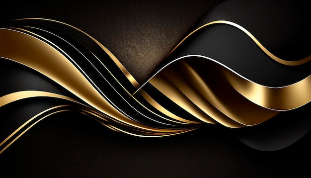 Elegante moderne zwarte en gouden abstracte golven en bochten op zwarte achtergrond AI gegenereerd
