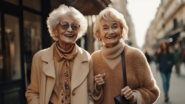 Foto elegante oudere dames lopen en genieten van de voorjaarswinkelen.