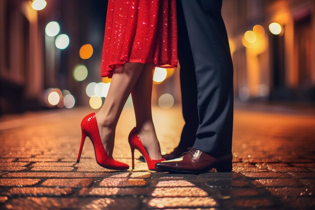 Elegante paar schoenen op straat vrouw in rode hakken avond date scene Premium AI gegenereerde afbeelding