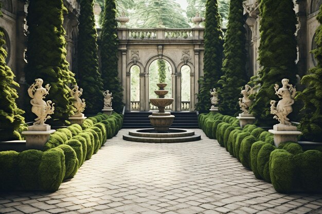 Foto elegante paleistuin met gebeeldhouwde heggen